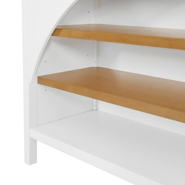 English Elm 56 Inch Farmhouse Kitchen Island with Arch Detail Open Shelving and Rubberwood Prep Top N762S100007AAK