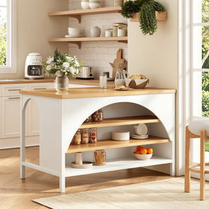 English Elm 56 Inch Farmhouse Kitchen Island with Arch Detail Open Shelving and Rubberwood Prep Top N762S100007AAK