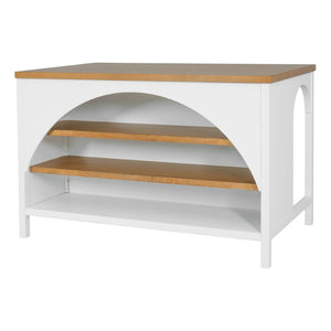 English Elm 56 Inch Farmhouse Kitchen Island with Arch Detail Open Shelving and Rubberwood Prep Top N762S100007AAK