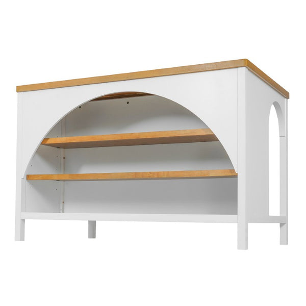 English Elm 56 Inch Farmhouse Kitchen Island with Arch Detail Open Shelving and Rubberwood Prep Top N762S100007AAK