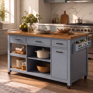 English Elm 52 Inch Rolling Kitchen Island with Rubberwood Top Six Drawers and Open Shelving N762S100008C