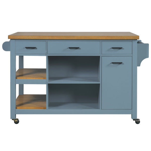 English Elm 52 Inch Rolling Kitchen Island with Rubberwood Top Six Drawers and Open Shelving N762S100008C