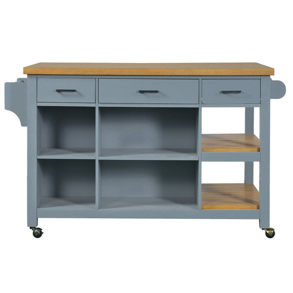 English Elm 52 Inch Rolling Kitchen Island with Rubberwood Top Six Drawers and Open Shelving N762S100008C