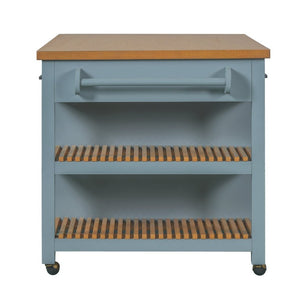 English Elm 52 Inch Rolling Kitchen Island with Rubberwood Top Six Drawers and Open Shelving N762S100008C