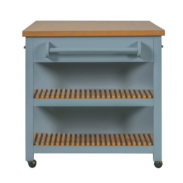 English Elm 52 Inch Rolling Kitchen Island with Rubberwood Top Six Drawers and Open Shelving N762S100008C