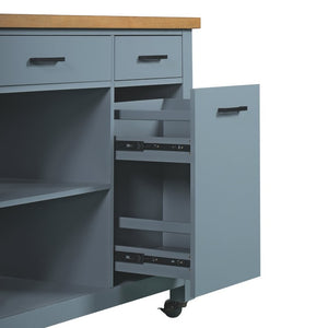 English Elm 52 Inch Rolling Kitchen Island with Rubberwood Top Six Drawers and Open Shelving N762S100008C