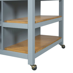 English Elm 52 Inch Rolling Kitchen Island with Rubberwood Top Six Drawers and Open Shelving N762S100008C