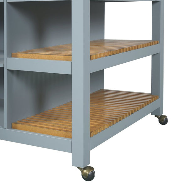 English Elm 52 Inch Rolling Kitchen Island with Rubberwood Top Six Drawers and Open Shelving N762S100008C