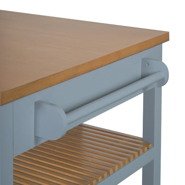 English Elm 52 Inch Rolling Kitchen Island with Rubberwood Top Six Drawers and Open Shelving N762S100008C