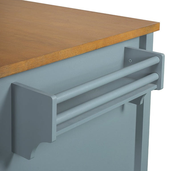 English Elm 52 Inch Rolling Kitchen Island with Rubberwood Top Six Drawers and Open Shelving N762S100008C