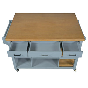 English Elm 52 Inch Rolling Kitchen Island with Rubberwood Top Six Drawers and Open Shelving N762S100008C
