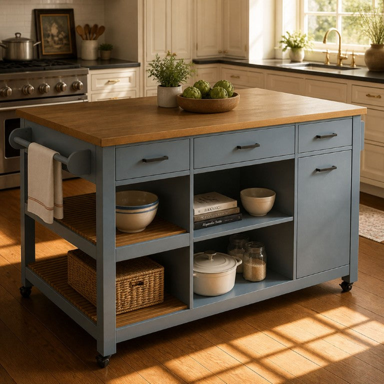 English Elm 52 Inch Rolling Kitchen Island with Rubberwood Top Six Drawers and Open Shelving N762S100008C