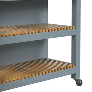 English Elm 52 Inch Rolling Kitchen Island with Rubberwood Top Six Drawers and Open Shelving N762S100008C
