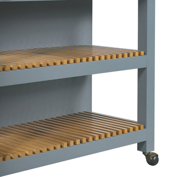 English Elm 52 Inch Rolling Kitchen Island with Rubberwood Top Six Drawers and Open Shelving N762S100008C