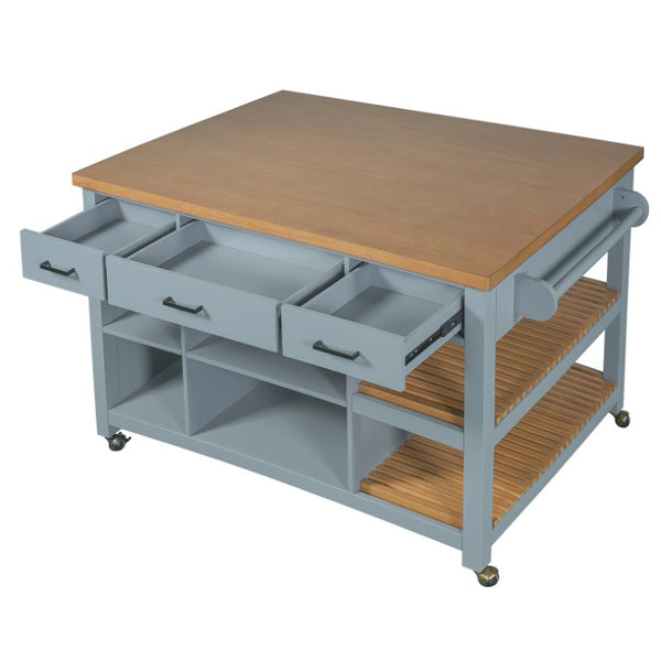 English Elm 52 Inch Rolling Kitchen Island with Rubberwood Top Six Drawers and Open Shelving N762S100008C