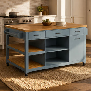 English Elm 52 Inch Rolling Kitchen Island with Rubberwood Top Six Drawers and Open Shelving N762S100008C