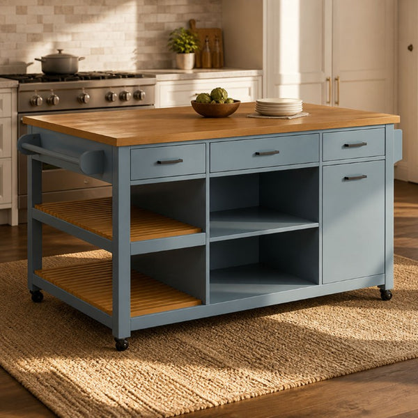English Elm 52 Inch Rolling Kitchen Island with Rubberwood Top Six Drawers and Open Shelving N762S100008C