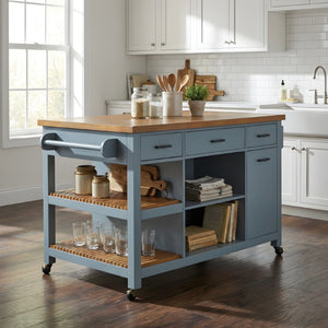 English Elm 52 Inch Rolling Kitchen Island with Rubberwood Top Six Drawers and Open Shelving N762S100008C