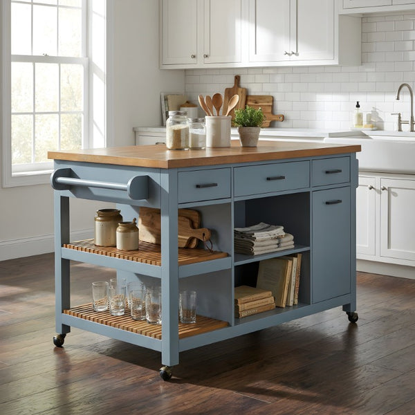 English Elm 52 Inch Rolling Kitchen Island with Rubberwood Top Six Drawers and Open Shelving N762S100008C