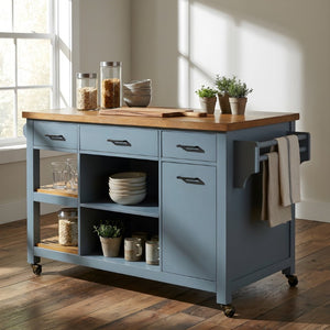 English Elm 52 Inch Rolling Kitchen Island with Rubberwood Top Six Drawers and Open Shelving N762S100008C
