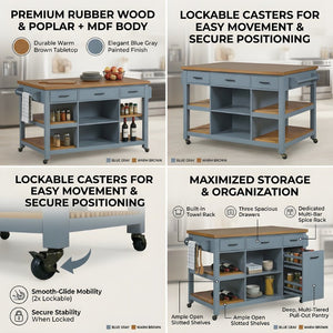 English Elm 52 Inch Rolling Kitchen Island with Rubberwood Top Six Drawers and Open Shelving N762S100008C