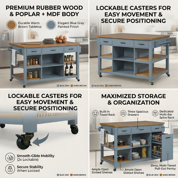 English Elm 52 Inch Rolling Kitchen Island with Rubberwood Top Six Drawers and Open Shelving N762S100008C