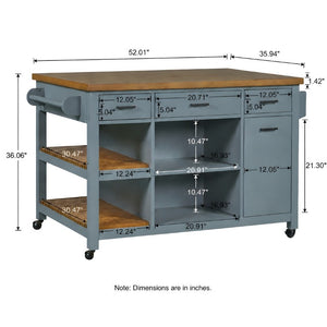 English Elm 52 Inch Rolling Kitchen Island with Rubberwood Top Six Drawers and Open Shelving N762S100008C