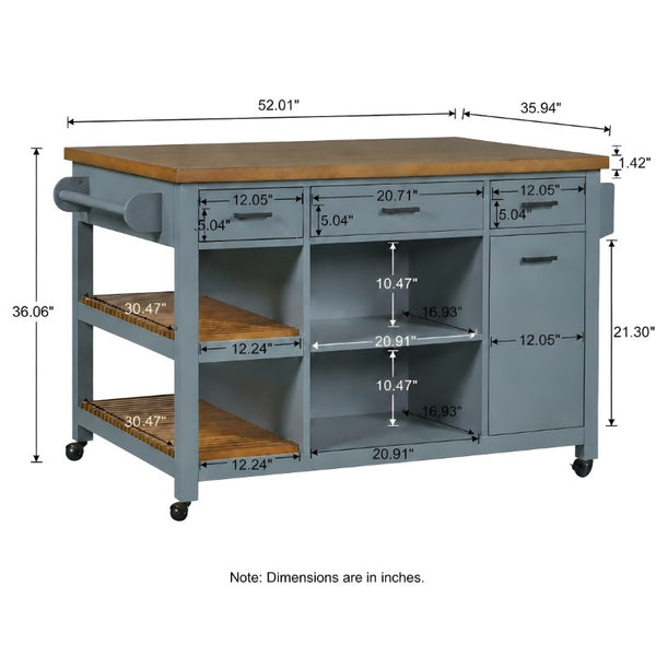 English Elm 52 Inch Rolling Kitchen Island with Rubberwood Top Six Drawers and Open Shelving N762S100008C