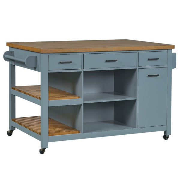 English Elm 52 Inch Rolling Kitchen Island with Rubberwood Top Six Drawers and Open Shelving N762S100008C