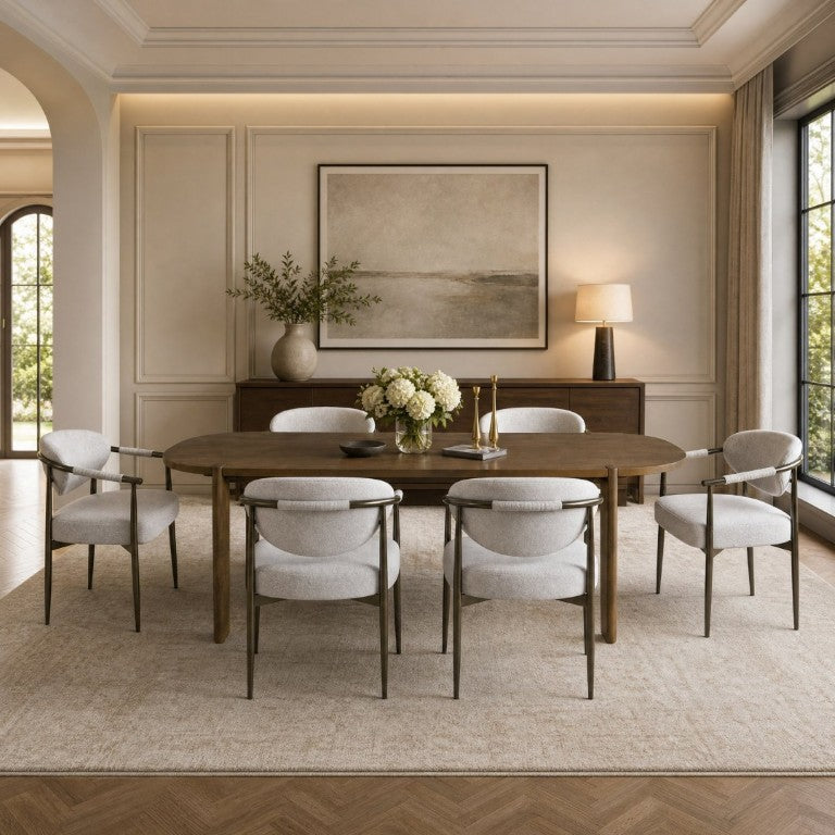English Elm 7 Piece Oval Walnut Rubberwood Dining Set Seats Six with Beige Upholstered Armchairs N762S100009AAE