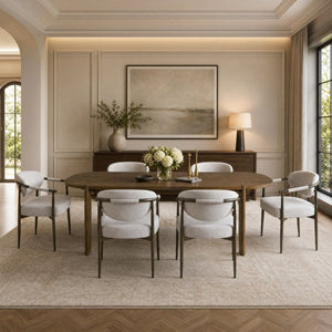 English Elm 7 Piece Oval Walnut Rubberwood Dining Set Seats Six with Beige Upholstered Armchairs N762S100009AAE
