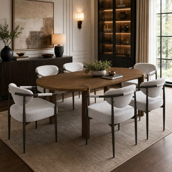 English Elm 7 Piece Oval Walnut Rubberwood Dining Set Seats Six with Beige Upholstered Armchairs N762S100009AAE