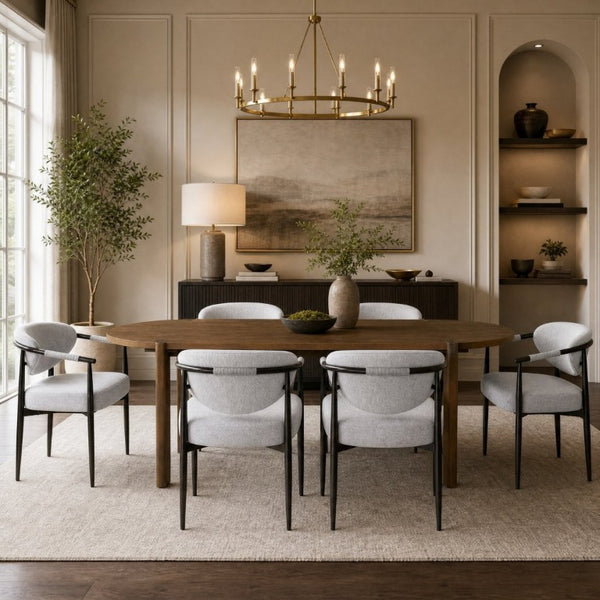 English Elm 7 Piece Oval Walnut Rubberwood Dining Set Seats Six with Beige Upholstered Armchairs N762S100009AAE