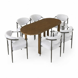 English Elm 7 Piece Oval Walnut Rubberwood Dining Set Seats Six with Beige Upholstered Armchairs N762S100009AAE