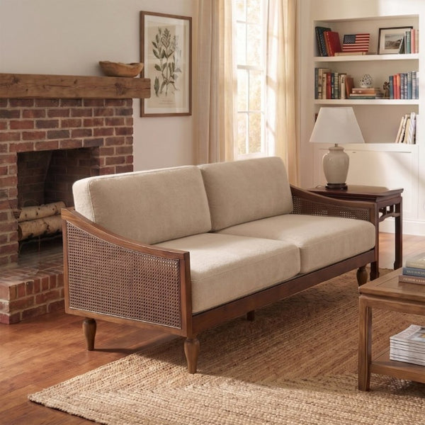 English Elm 70.9 Inch Mid-Century Chenille Three Seat Sofa with Rattan Panels and Rubberwood Legs N763P379762W