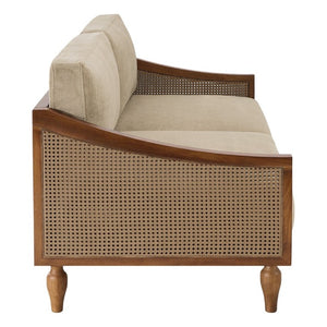 English Elm 70.9 Inch Mid-Century Chenille Three Seat Sofa with Rattan Panels and Rubberwood Legs N763P379762W