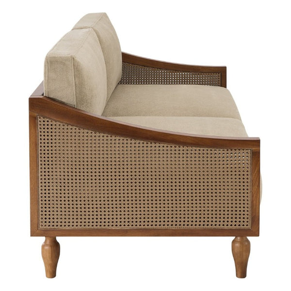 English Elm 70.9 Inch Mid-Century Chenille Three Seat Sofa with Rattan Panels and Rubberwood Legs N763P379762W
