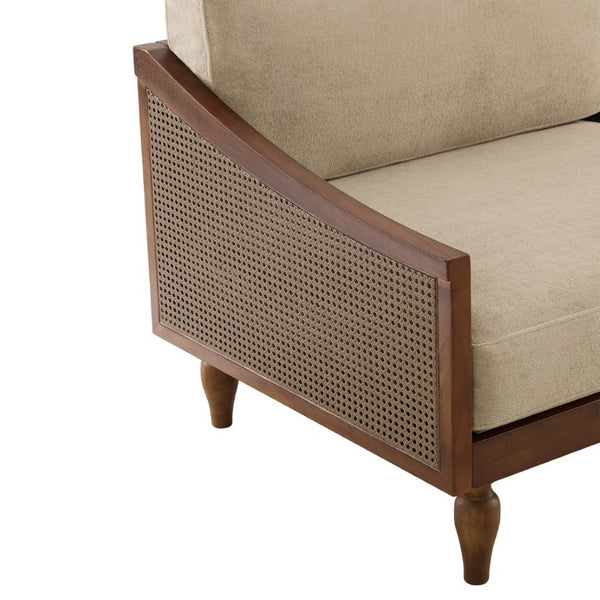 English Elm 70.9 Inch Mid-Century Chenille Three Seat Sofa with Rattan Panels and Rubberwood Legs N763P379762W
