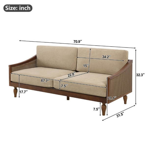 English Elm 70.9 Inch Mid-Century Chenille Three Seat Sofa with Rattan Panels and Rubberwood Legs N763P379762W