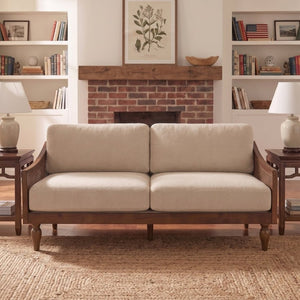 English Elm 70.9 Inch Mid-Century Chenille Three Seat Sofa with Rattan Panels and Rubberwood Legs N763P379762W