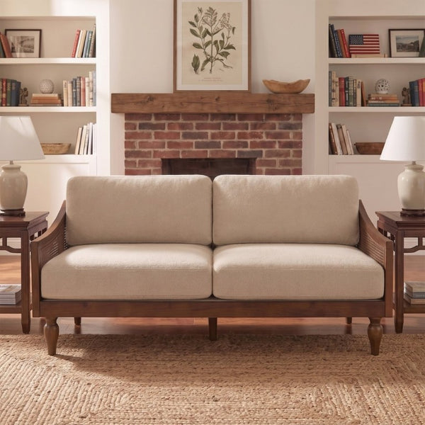 English Elm 70.9 Inch Mid-Century Chenille Three Seat Sofa with Rattan Panels and Rubberwood Legs N763P379762W