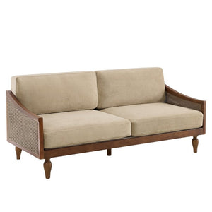 English Elm 70.9 Inch Mid-Century Chenille Three Seat Sofa with Rattan Panels and Rubberwood Legs N763P379762W