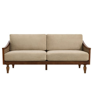 English Elm 70.9 Inch Mid-Century Chenille Three Seat Sofa with Rattan Panels and Rubberwood Legs N763P379762W
