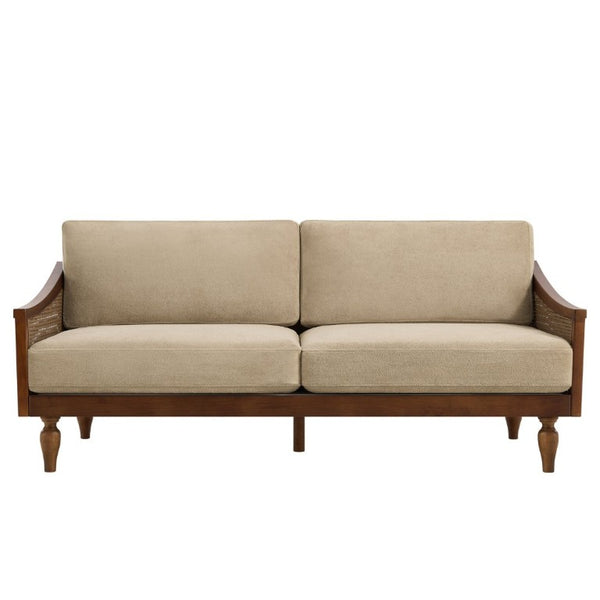 English Elm 70.9 Inch Mid-Century Chenille Three Seat Sofa with Rattan Panels and Rubberwood Legs N763P379762W