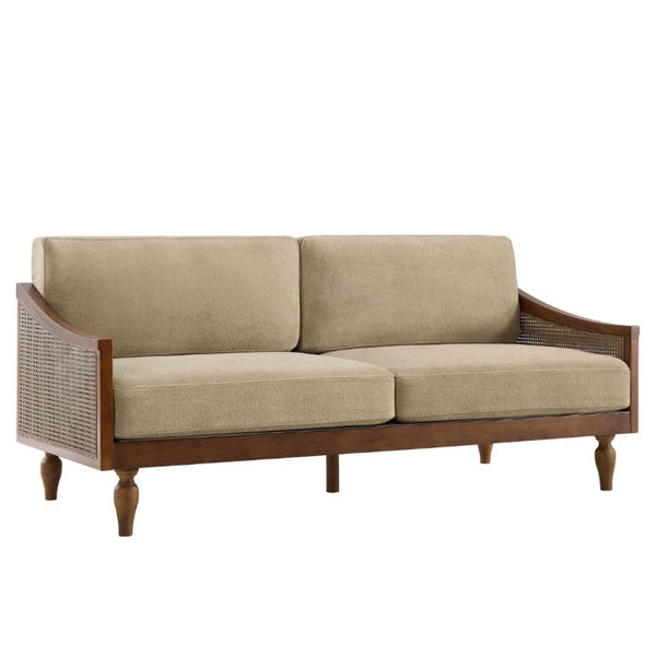 English Elm 70.9 Inch Mid-Century Chenille Three Seat Sofa with Rattan Panels and Rubberwood Legs N763P379762W