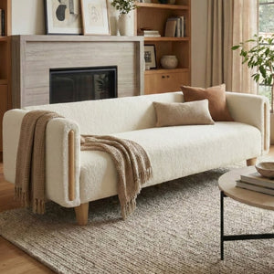 English Elm Modern Boucle Three Seat Sofa with Rubberwood Legs and Pocket Spring Support for Living Room Beige N763P403678K