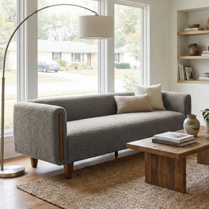 English Elm Modern Boucle Three Seat Sofa with Rubberwood Legs and Pocket Spring Support for Living Room Dark Grey N763P403678R