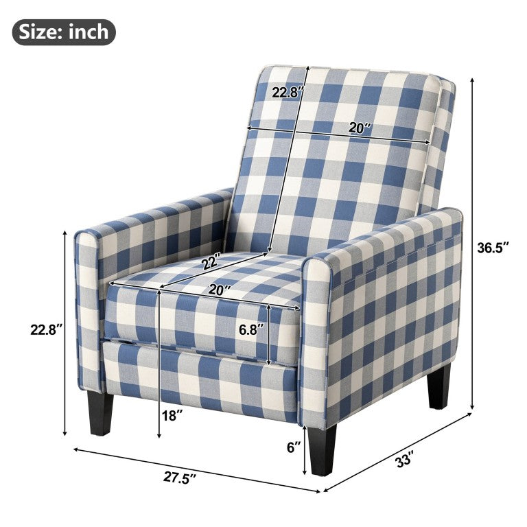 English Elm 27.5 Push Back Recliner with Buffalo Plaid Fabric and Rubber Wood Legs for Any Room N763P410540H