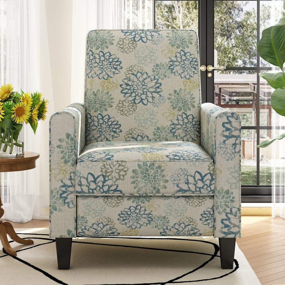 English Elm 27.5" Push Back Recliner Polyester Armchair with Beech Wood Legs for Living Room Light Brown & Blue N763P410540Z