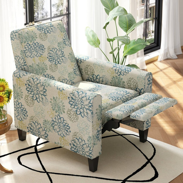 English Elm 27.5" Push Back Recliner Polyester Armchair with Beech Wood Legs for Living Room Light Brown & Blue N763P410540Z